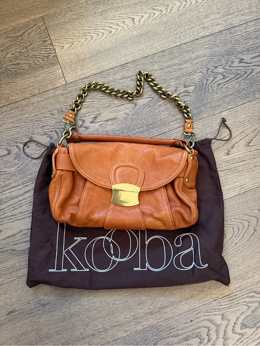 Kooba Cognac Leather Shoulder Bag with Gold Chain Strap